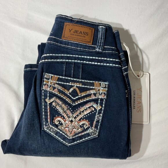 Y Jeans Los Angeles Denim - Womens Y Jeans Los Angeles Bootcut Denim Pants Size 5/6 Dark Wash Stretch Embroi